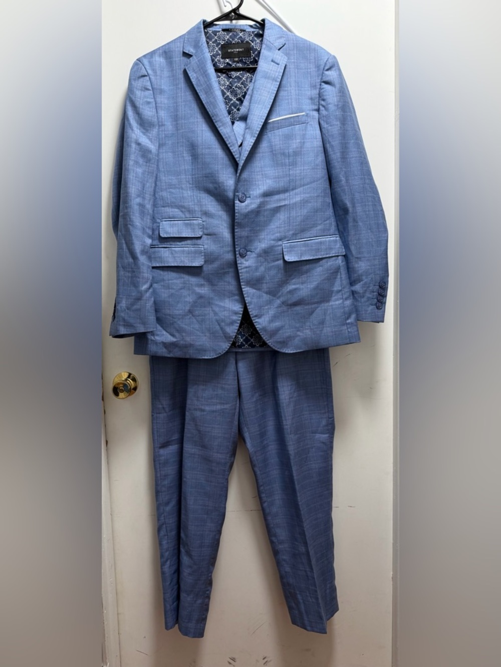 Statement Italy Confidence Wool 3-Piece Suit Blue Windowpane 40R Coat 34R Pants